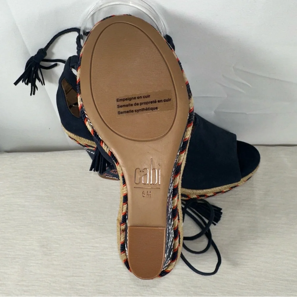 Cabi 6001 Women's US 6 Medium Navy Isla Wedge Ikat Suede Ankle Tie Sandals